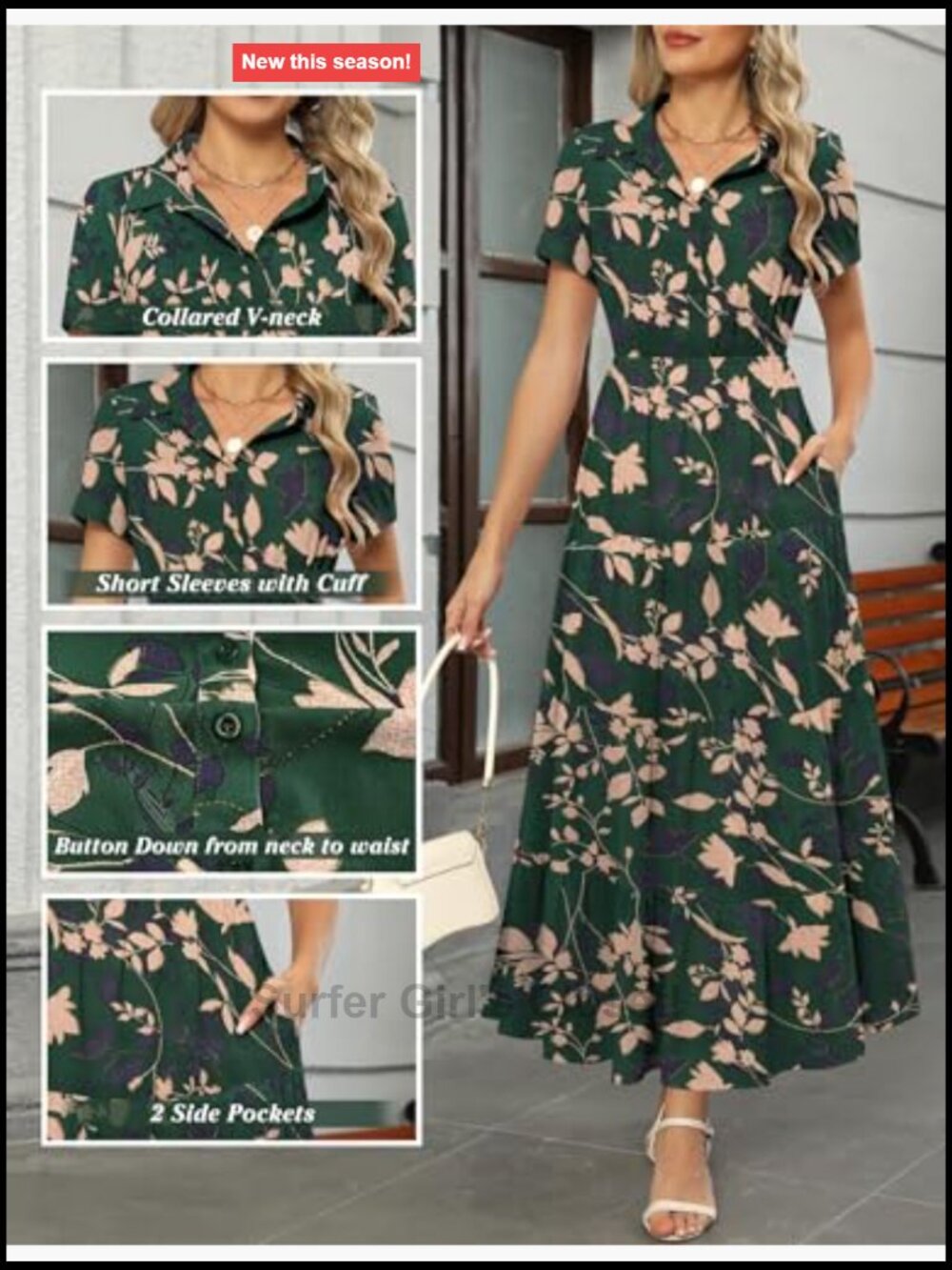 Chiffon Floral Maxi Dress with Pockets Collared V Neck Short Sleeve Button Down - Picture 5 of 7